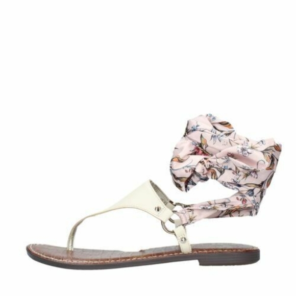 Sam Edelman Giliana Sandals - cream with Pink Floral wrap around silk satin tie - Picture 3 of 9
